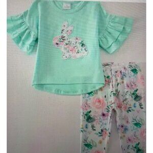 Charming Girls Bunny Embroidered Cotton Flounce Top & Floral Crop Pant